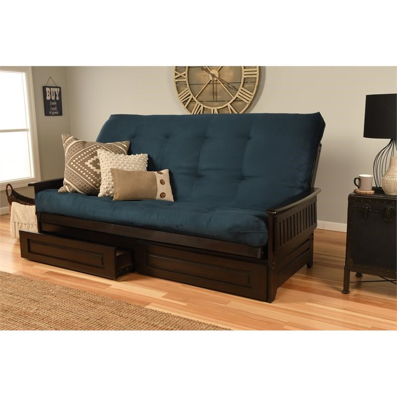 Pemberly Row Queen Futon with Suede Fabric Mattress in Espresso and Blue