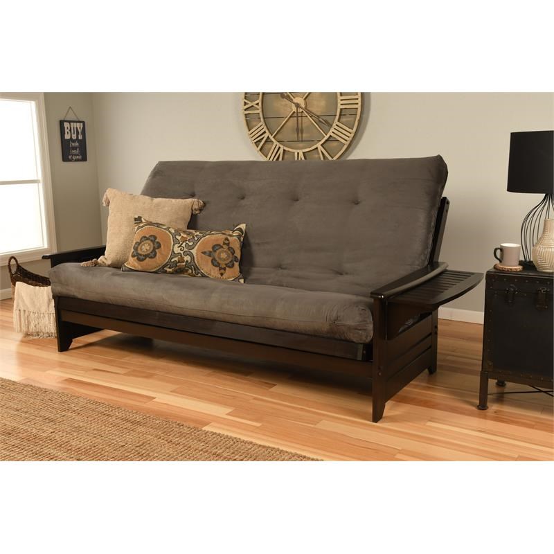 Pemberly Row Queen Futon with Suede Fabric Mattress in Gray and Espresso