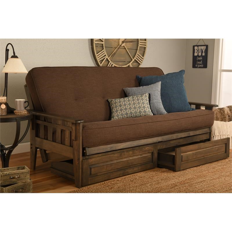 Pemberly Row Frame with Linen Fabric Mattress in Brown and Rustic Walnut