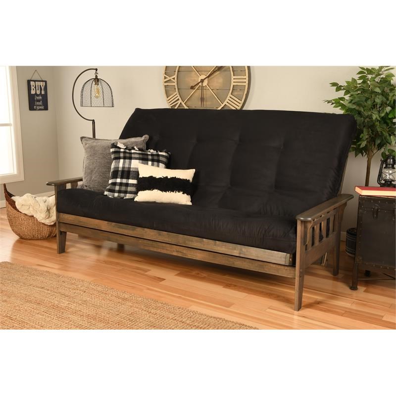 Pemberly Row Queen Futon with Fabric Mattress in Black and Rustic Walnut
