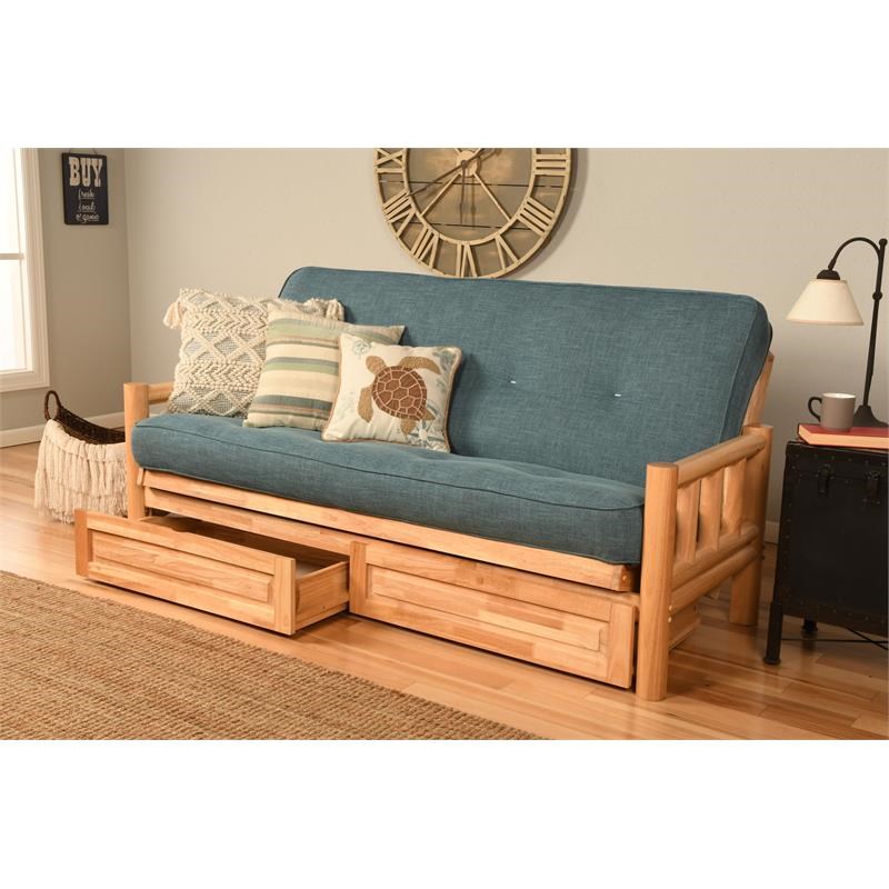 Pemberly Row Storage Futon with Linen Fabric Mattress in Natural and Blue