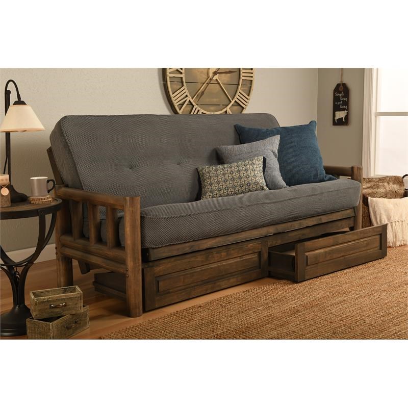 Pemberly Row Frame with Fabric Mattress in Rustic Walnut and Thunder Gray