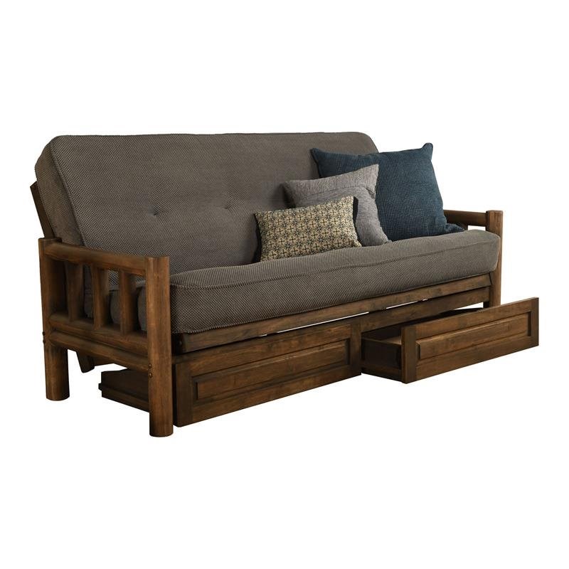 Pemberly Row Frame with Fabric Mattress in Rustic Walnut and Thunder Gray