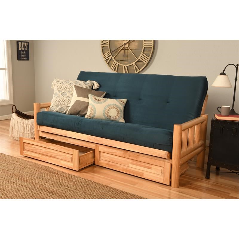 Pemberly Row Storage Futon with Suede Fabric Mattress in Natural and Blue
