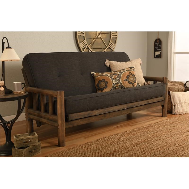 Pemberly Row Futon with Linen Fabric Mattress in Walnut and Charcoal Gray