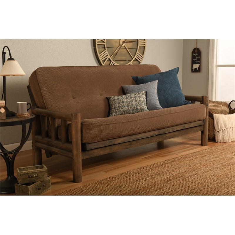 Pemberly Row Futon with Fabric Mattress in Walnut and Marmont Mocha Brown