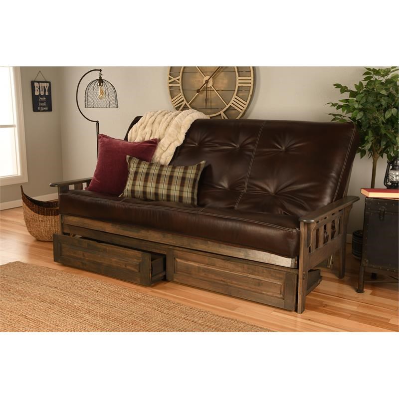 Pemberly Row Queen Storage Futon and Java Brown Faux Leather Mattress