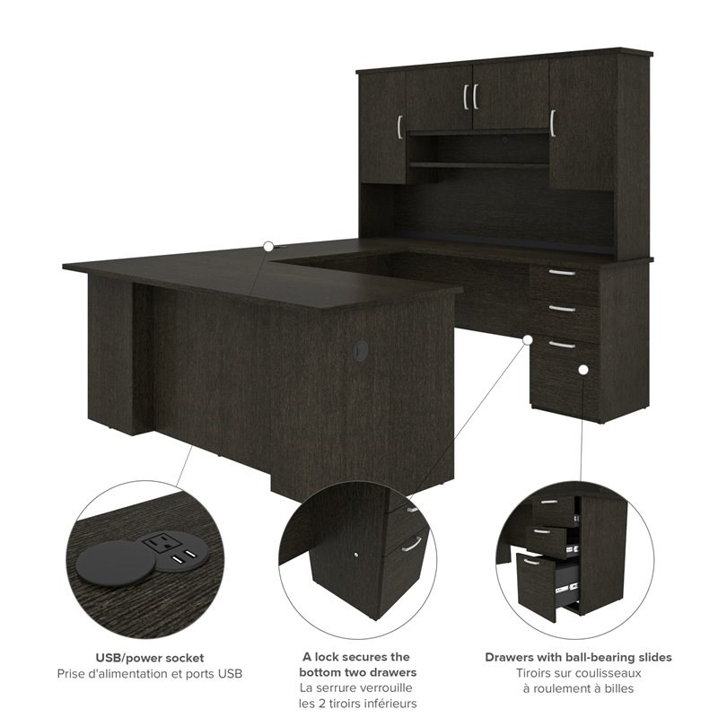 Pemberly Row U or L-Shaped Executive Desk with Hutch in Deep Gray