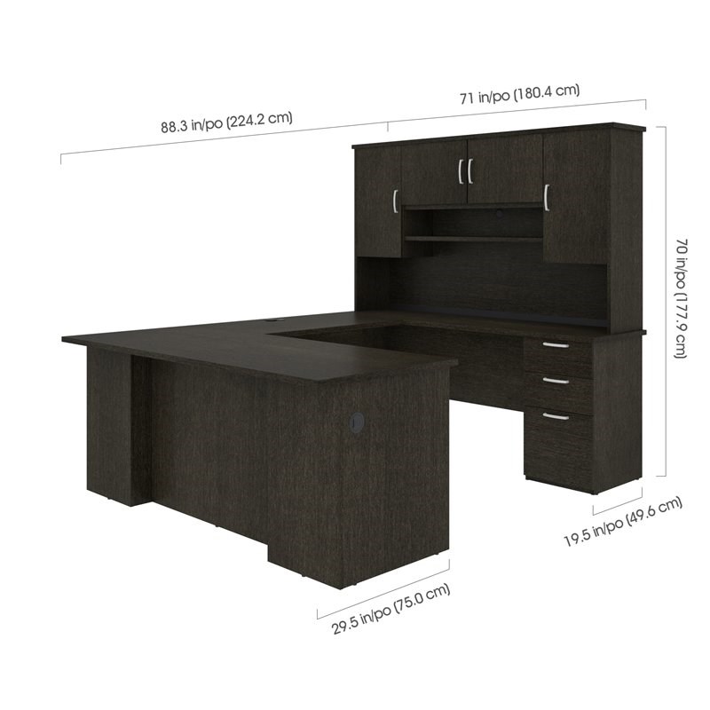 Pemberly Row U or L-Shaped Executive Desk with Hutch in Deep Gray