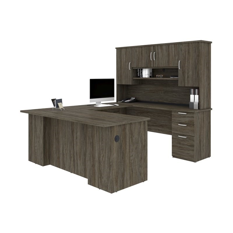 Pemberly Row U or L-Shaped Executive Desk with Hutch in Walnut Gray
