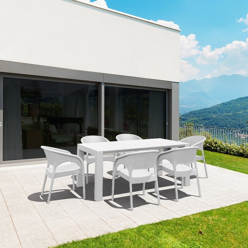 Pemberly Row Contemporary 7 Piece Extendable Patio Dining Set in White