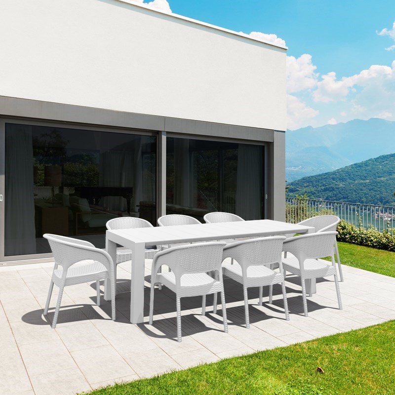 Pemberly Row Contemporary 9 Piece Extendable Patio Dining Set in White