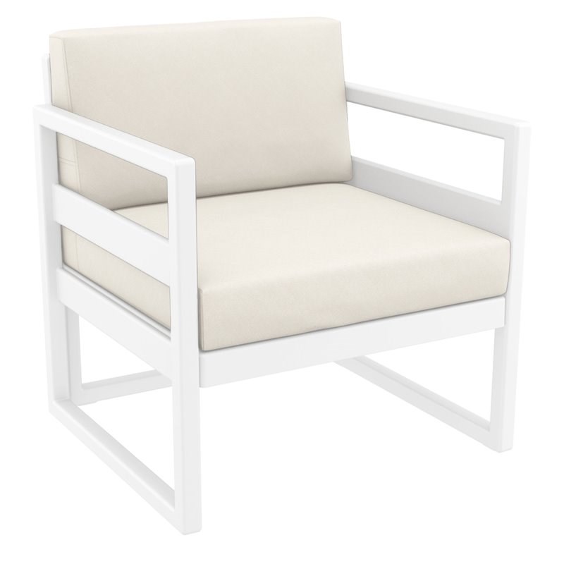 Pemberly Row Patio Chair in White Finish with Acrylic Fabric Natural Cushions