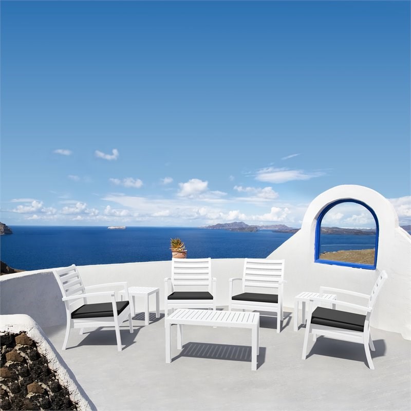 Pemberly Row XL Club 7 Piece Patio Set in White with Fabric Charcoal Cushions