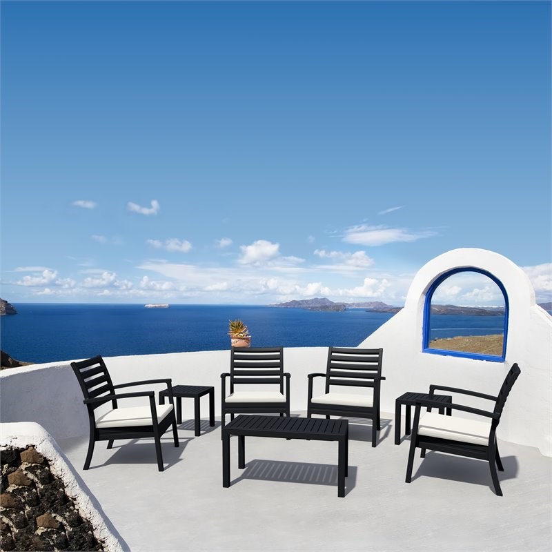 Pemberly Row XL Patio Set 7 Piece Black with Acrylic Fabric Natural Cushions