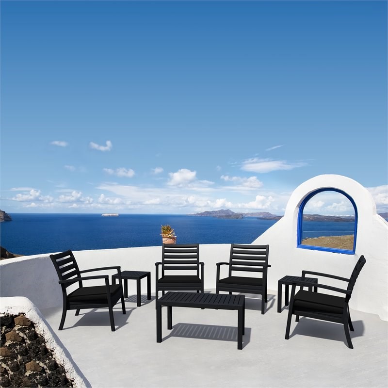 Pemberly Row XL 7 Piece Patio Set in Black with Acrylic Fabric Black Cushions