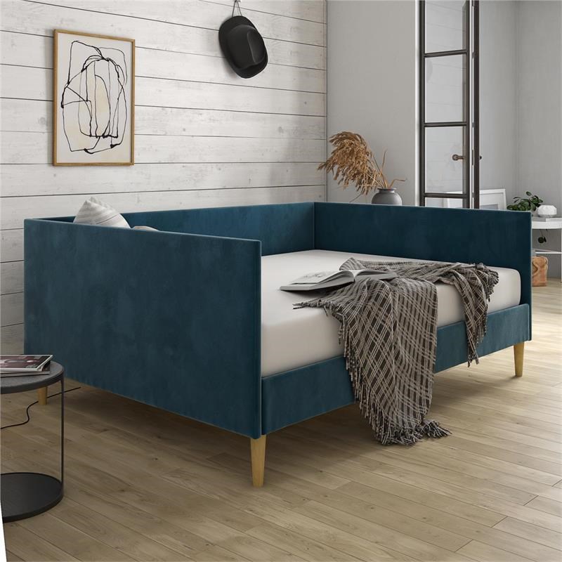 Pemberly Row Mid Century Upholstered Daybed Full Size in Blue Velvet