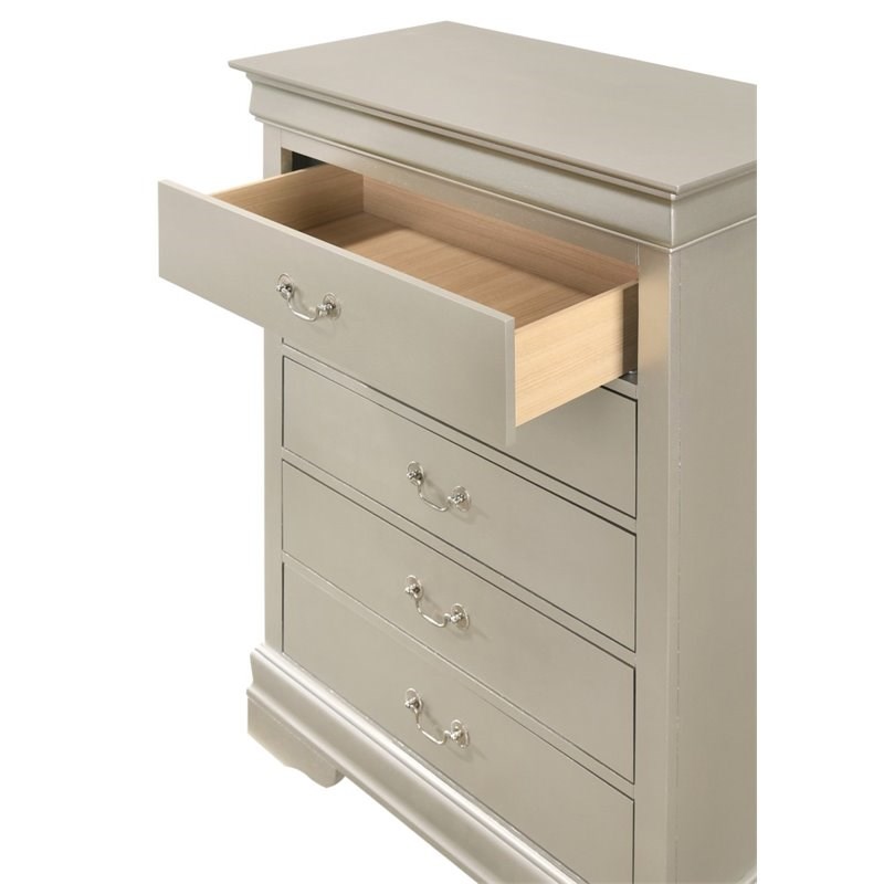 Pemberly Row Traditional Solid Wood 5 Drawer Chest in Silver Champagne