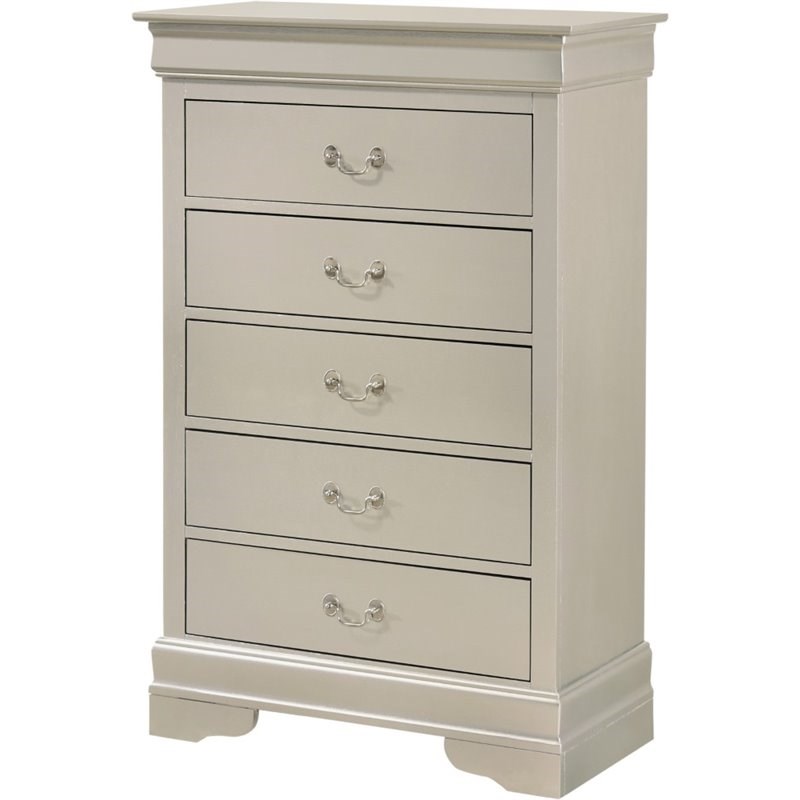 Pemberly Row Traditional Solid Wood 5 Drawer Chest in Silver Champagne