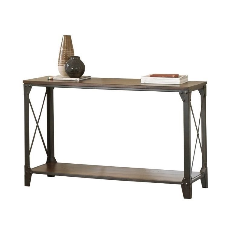 Pemberly Row Industrial Wood Sofa Table in Distressed Tobacco Brown