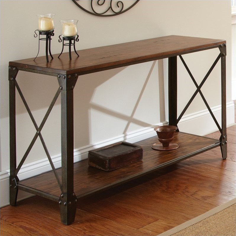 Pemberly Row Industrial Wood Sofa Table in Distressed Tobacco Brown