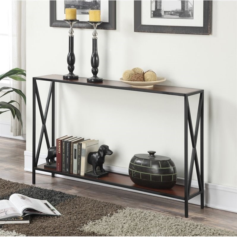 Pemberly Row Industrial Console Table in Black Metal and Cherry Wood Finish