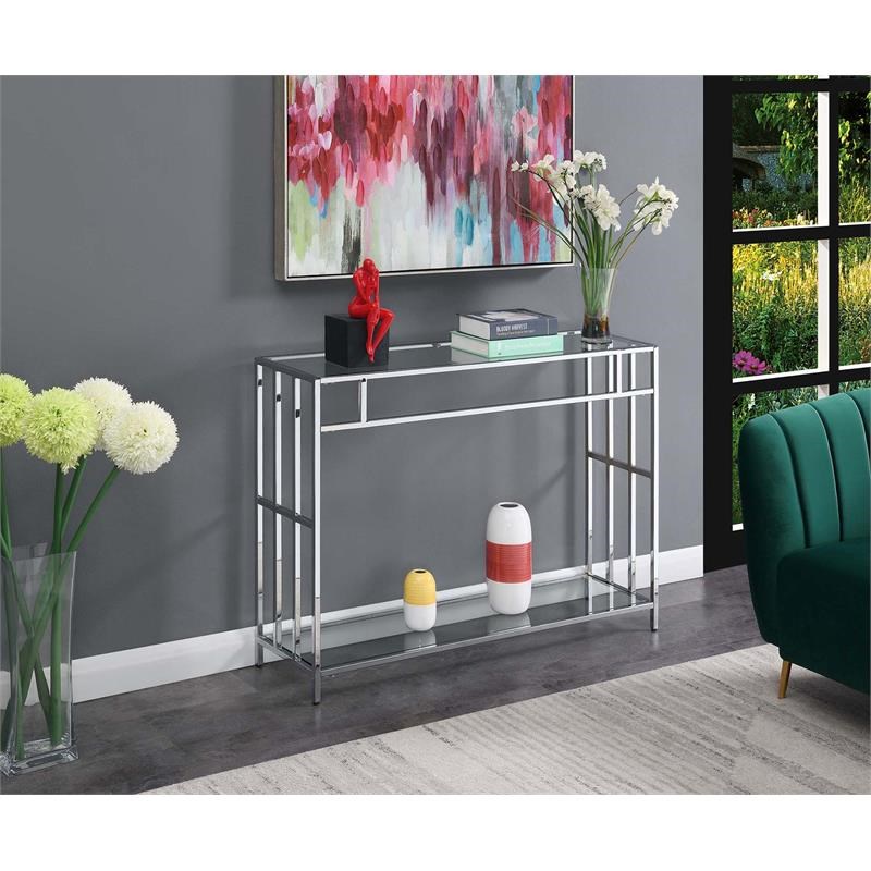 Pemberly Row Contemporary Console Table in Mirrored Glass and Chrome Frame