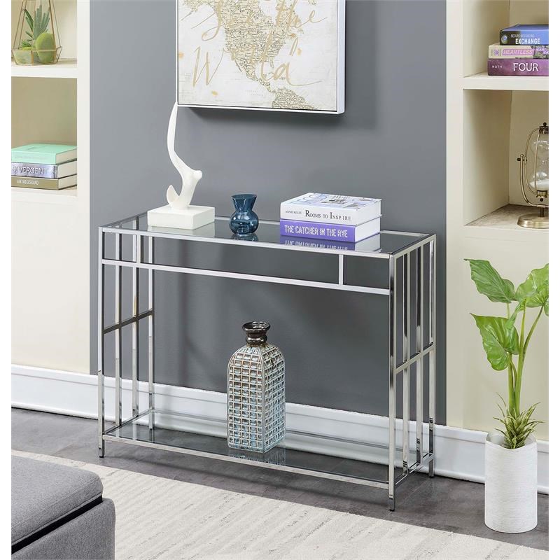 Pemberly Row Contemporary Console Table in Mirrored Glass and Chrome Frame