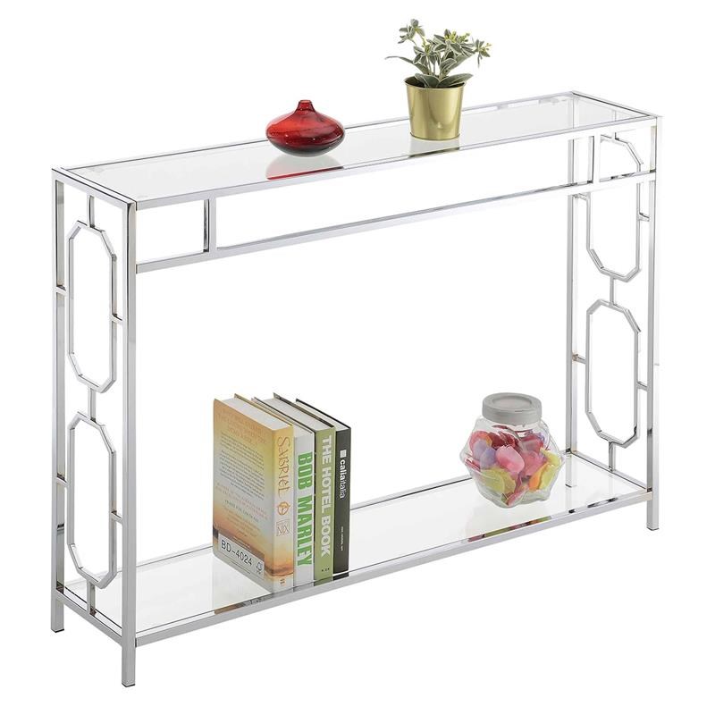 Pemberly Row Modern Clear Glass Rectangular Console Table in Chrome