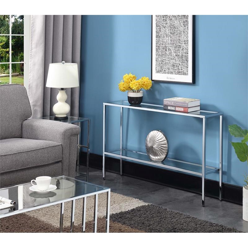 Pemberly Row Modern Chrome Metal Console Table with Glass Shelves