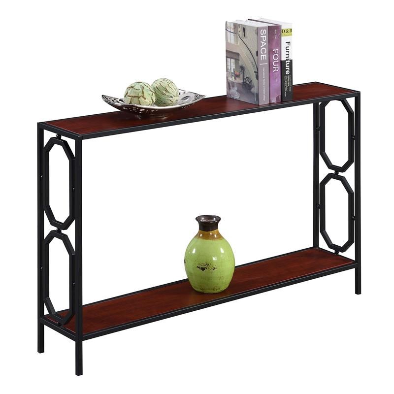 Pemberly Row Transitional Black Metal Frame Console Table in Cherry Wood Finish