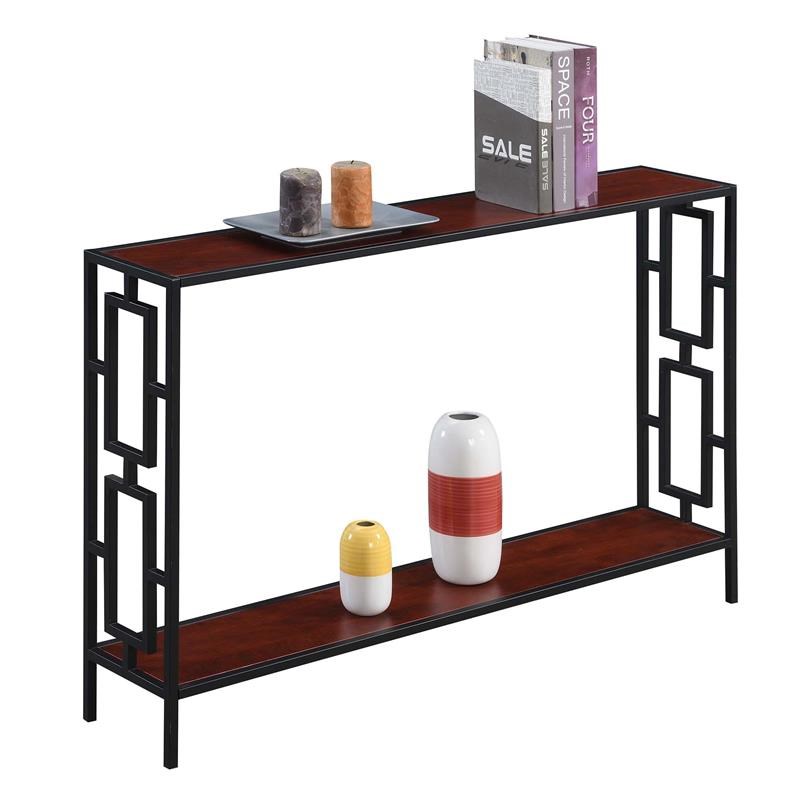 Pemberly Row Contemporary Black Metal Frame Console Table in Cherry Wood Finish