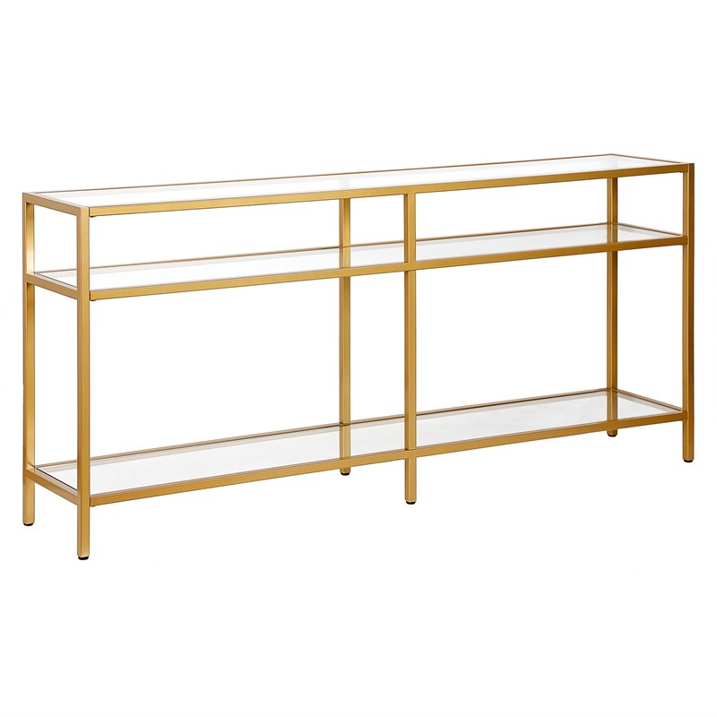 gold console table with shelves