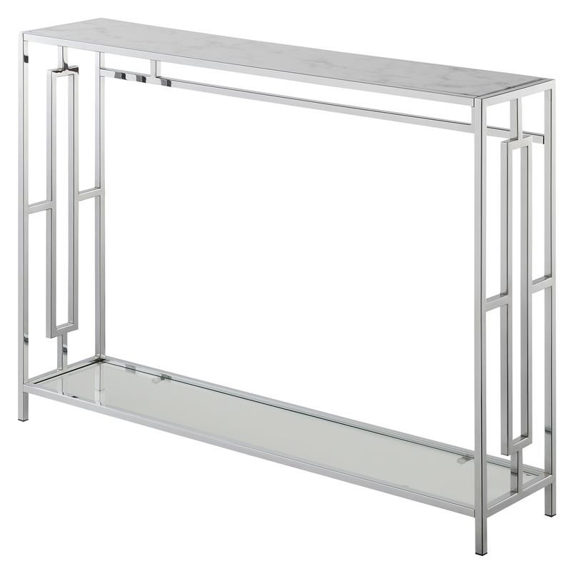 Pemberly Row Contemporary Chrome Metal Console Table with White Faux Marble Top