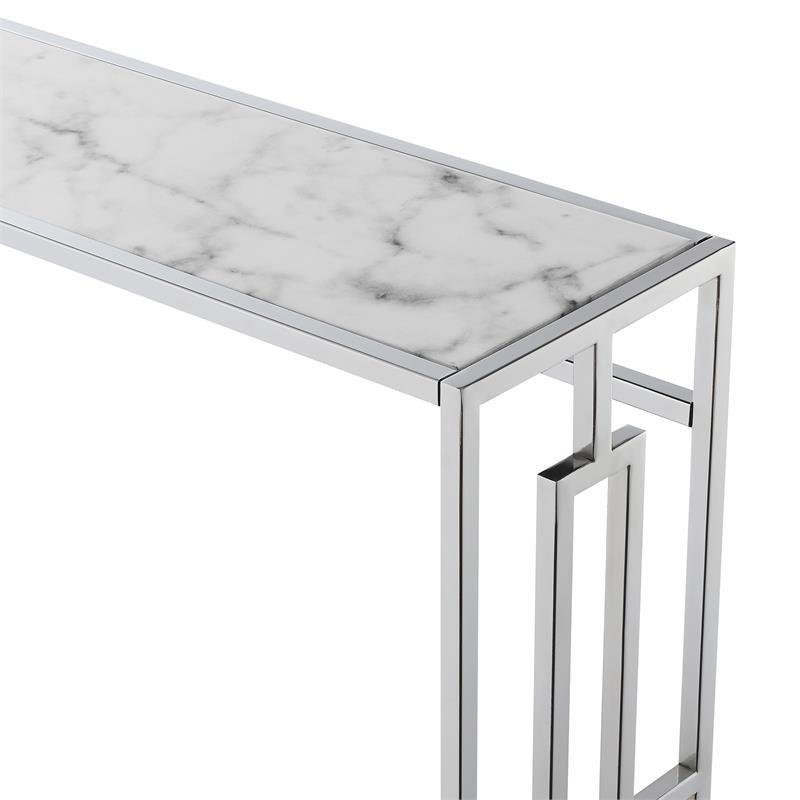 Pemberly Row Contemporary Chrome Metal Console Table with White Faux Marble Top