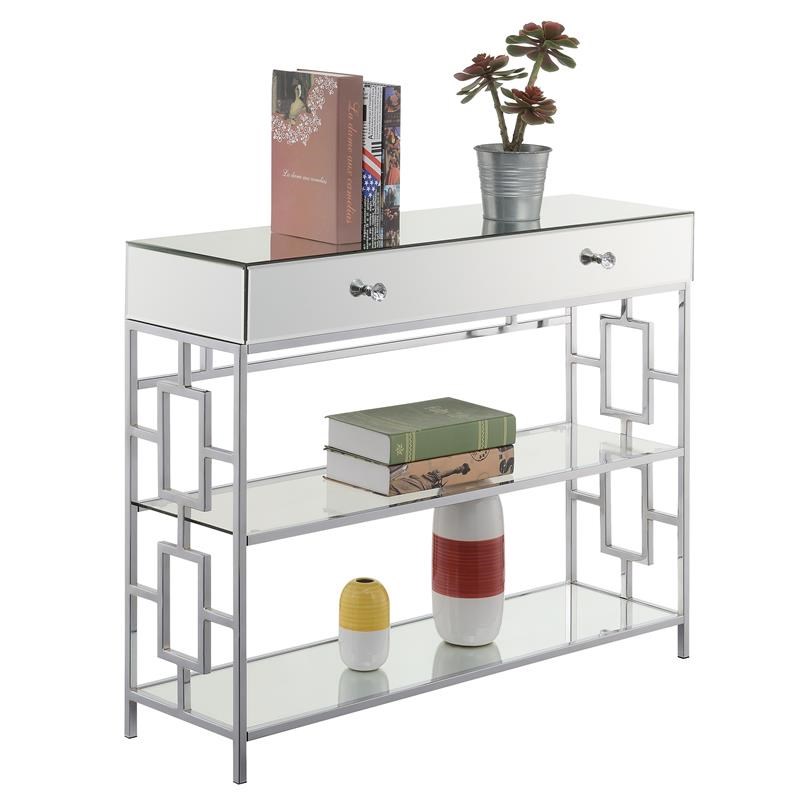 Pemberly Row Modern One-Drawer Console Table in Mirrored Glass and Chrome