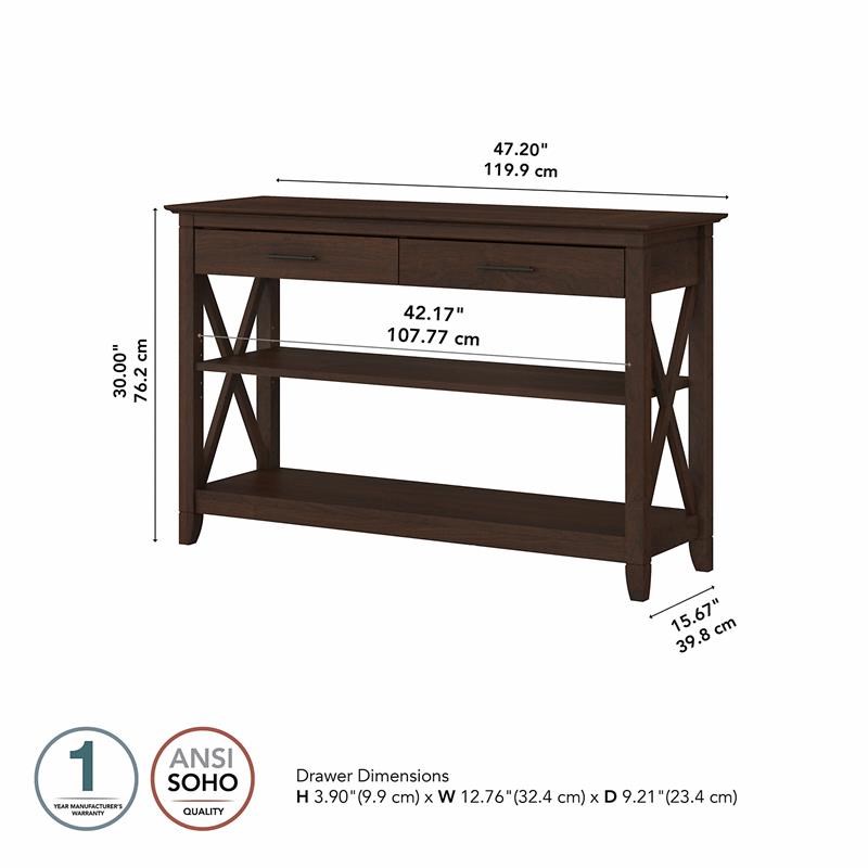 Pemberly Row Farmhouse Console Table with Drawers and Shelves in Bing Cherry
