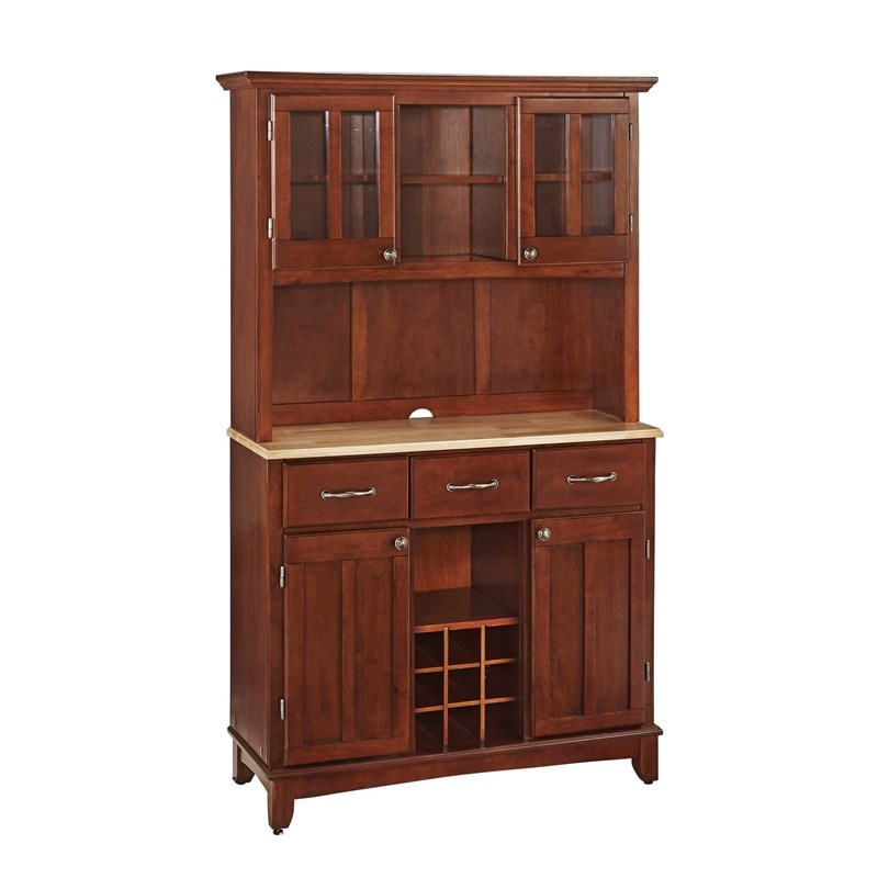 Pemberly Row Large Cherry Wood Buffet with Natural Wood Top and Hutch