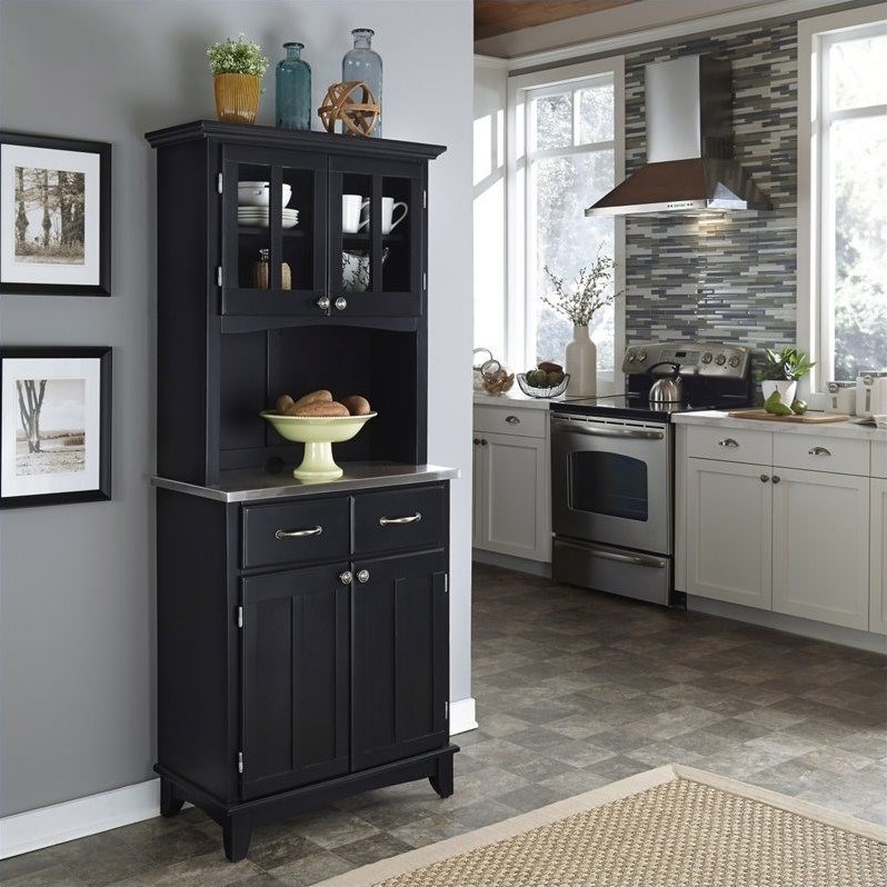 Pemberly Row Wood Buffet with Stainless Steel Top and 2-Door Hutch in Black