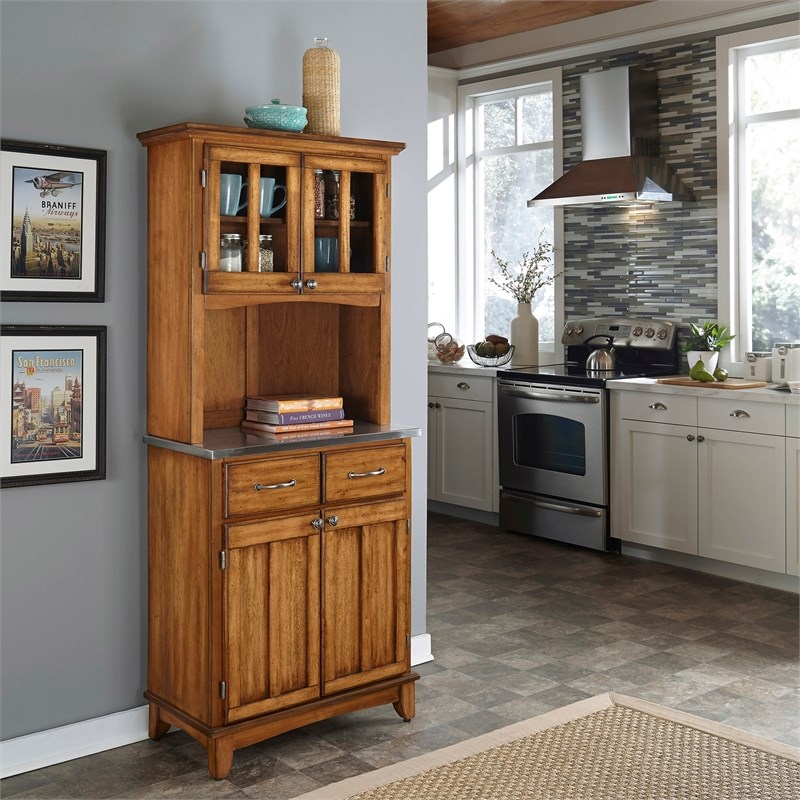 Pemberly Row Cottage Oak Wood Buffet with Stainless Steel Top and 2-Door Hutch