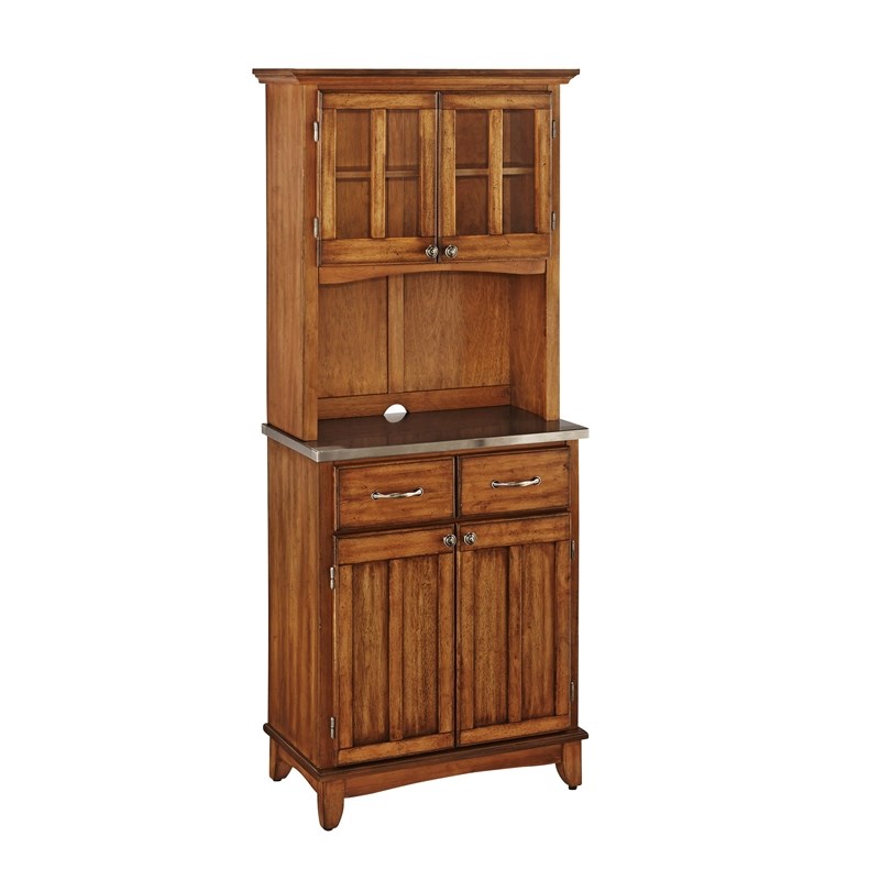 Pemberly Row Cottage Oak Wood Buffet with Stainless Steel Top and 2-Door Hutch