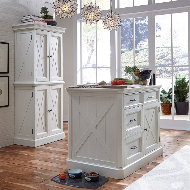 Pemberly Row Farmhouse Wood Kitchen Island in Off White with Black Granite Top
