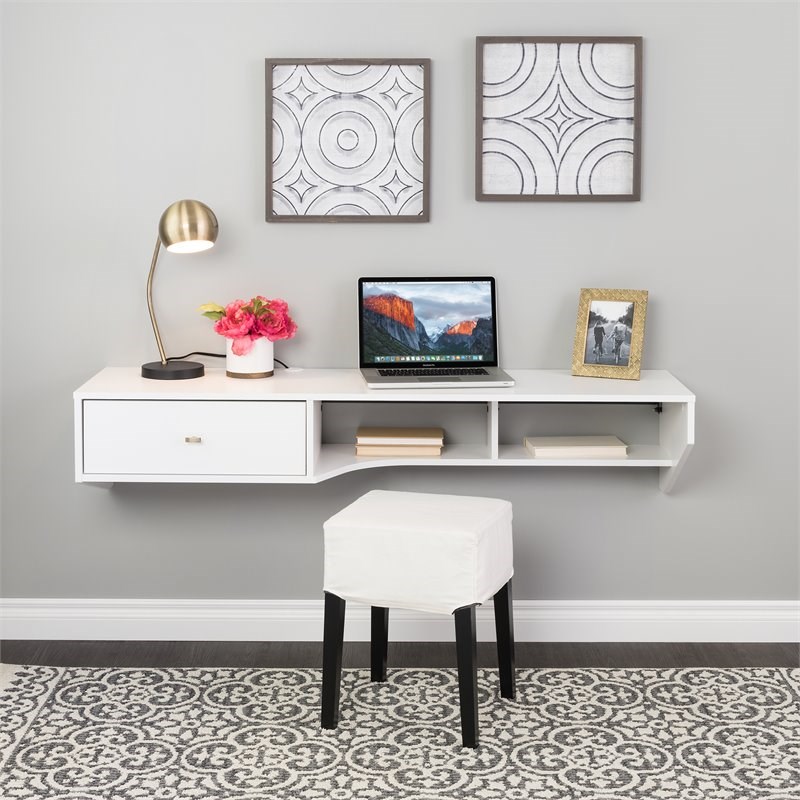 Pemberly Row Transitional Modern Wooden Floating Desk with Drawer in White