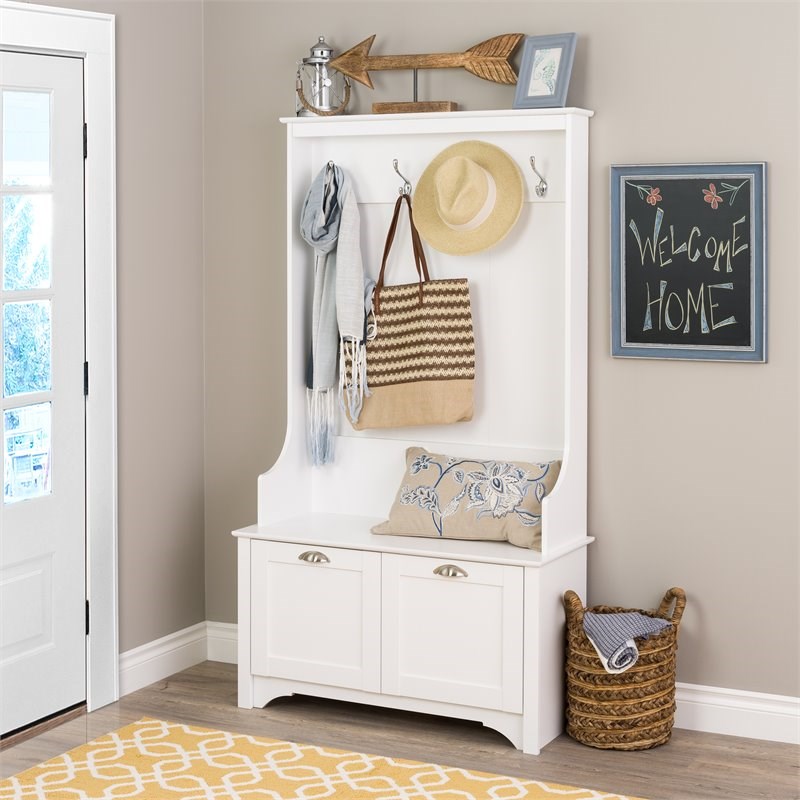 Pemberly Row Contemporary Wide Hall Tree with Shaker Doors in White