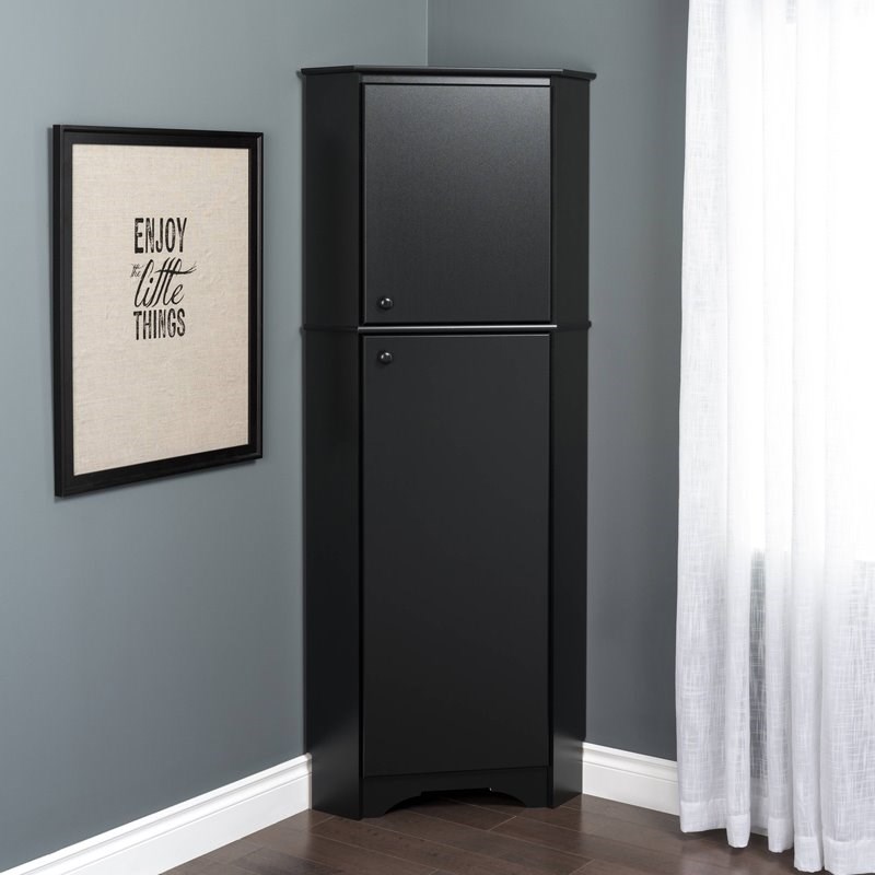 Pemberly Row Modern Tall 2 Door Corner Storage Cabinet in Black