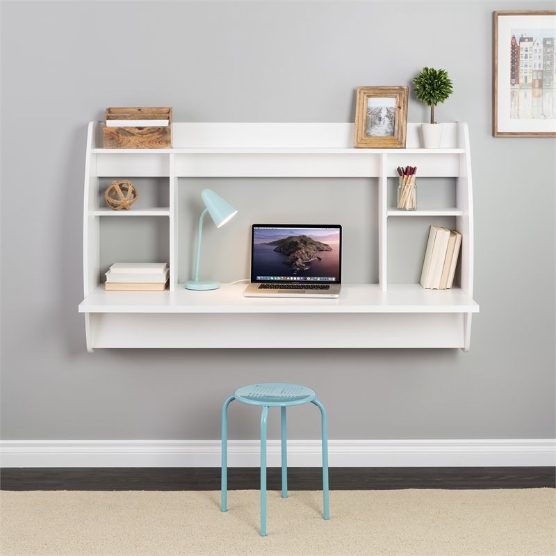 Pemberly Row Transitional Wooden Floating Double Wide Desk in White