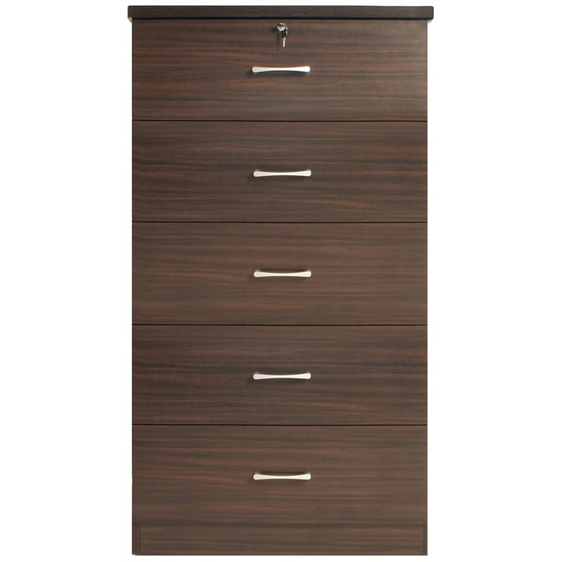 Pemberly Row Contemporary 5-Drawer Engineered Wood Tall Chest Dresser in Tobacco