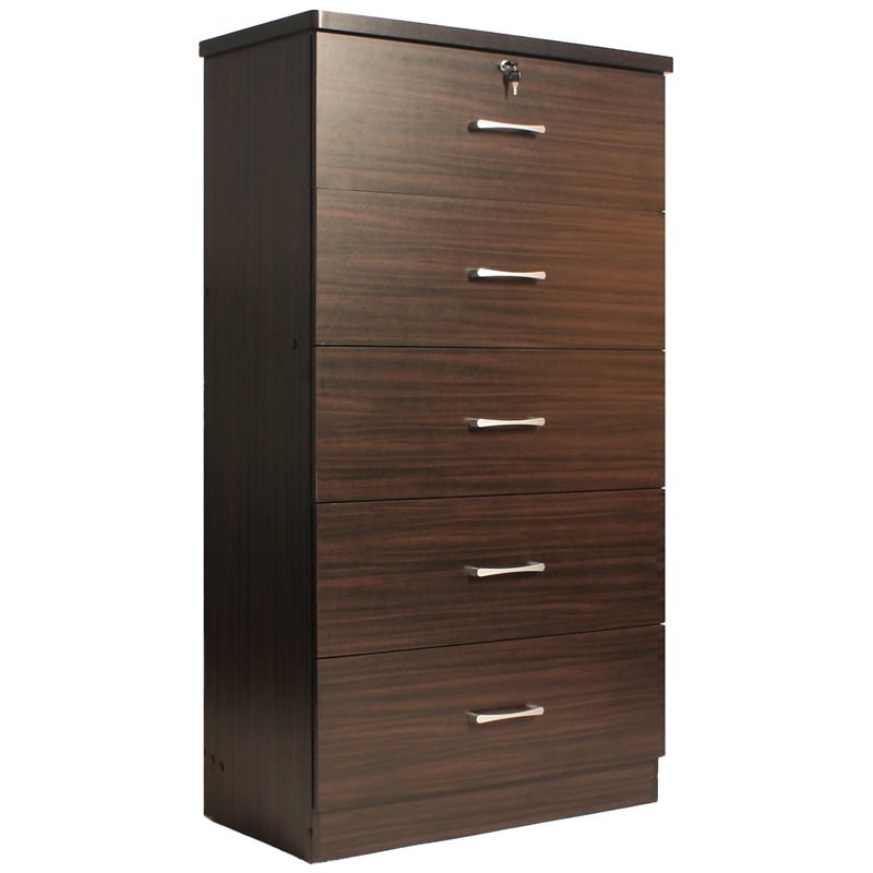 Pemberly Row Contemporary 5-Drawer Engineered Wood Tall Chest Dresser in Tobacco