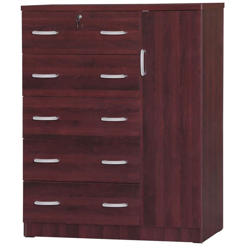 Pemberly Row Modern 5 Drawer Wooden Tall Chest Wardrobe in Mahogany