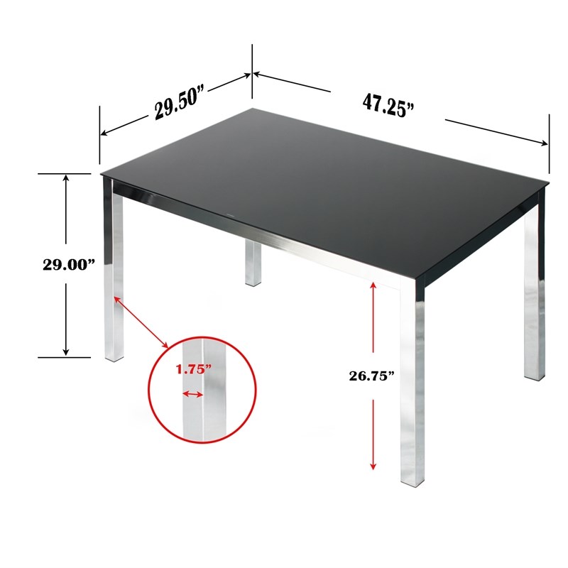 Pemberly Row Contemporary Chrome Metal Frame Black Tempered Glass Table
